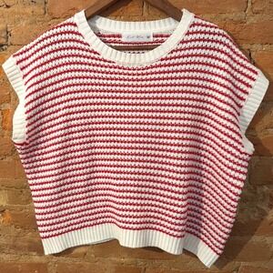 Knit Mix Red White Striped Sweater Vest Sleeveless Medium Preppy Coastal